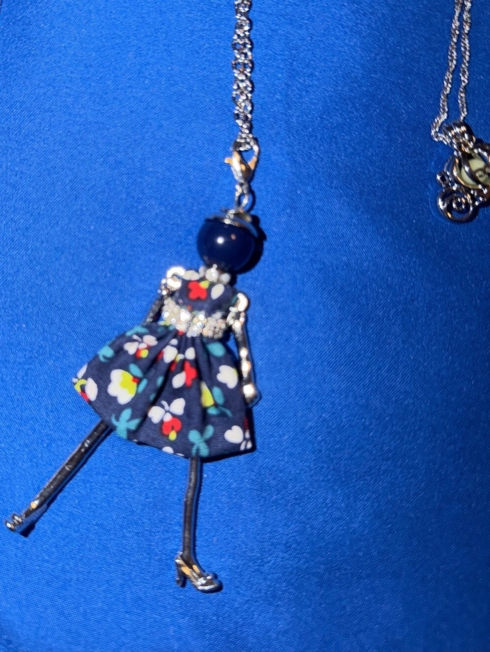 Charming Doll Pendant Necklace with Floral Dress and Silver Chain